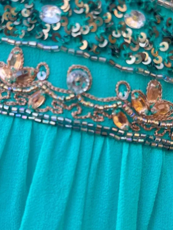Vintage Stenay Green Gold Beaded Silk Fit & Flare Pleated Midi Dress Size 14 - Image 8
