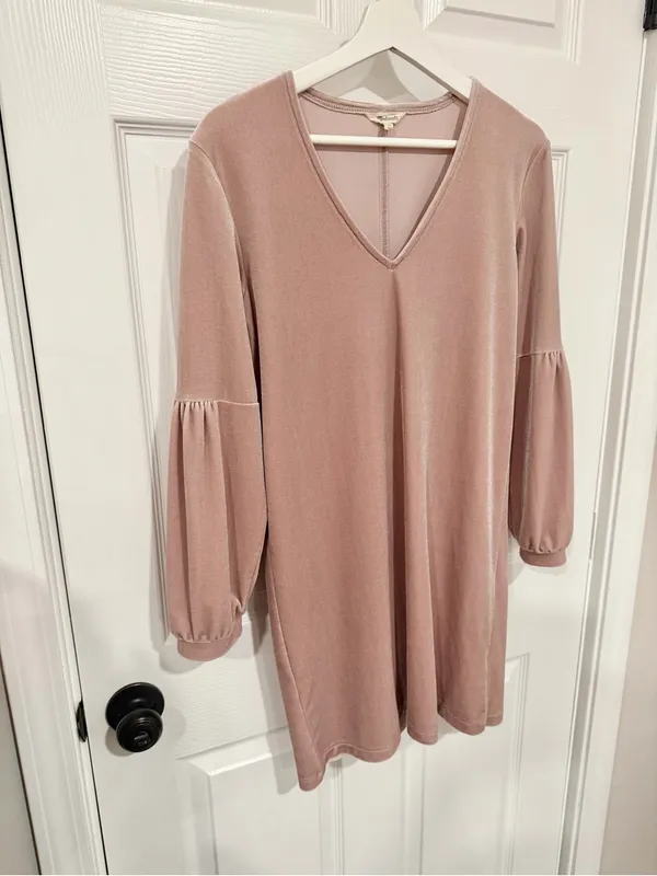 Madewell XS Dusty Rose Pink Velvet Mini Shift Dress V Neck Balloon Sleeve - Image 6