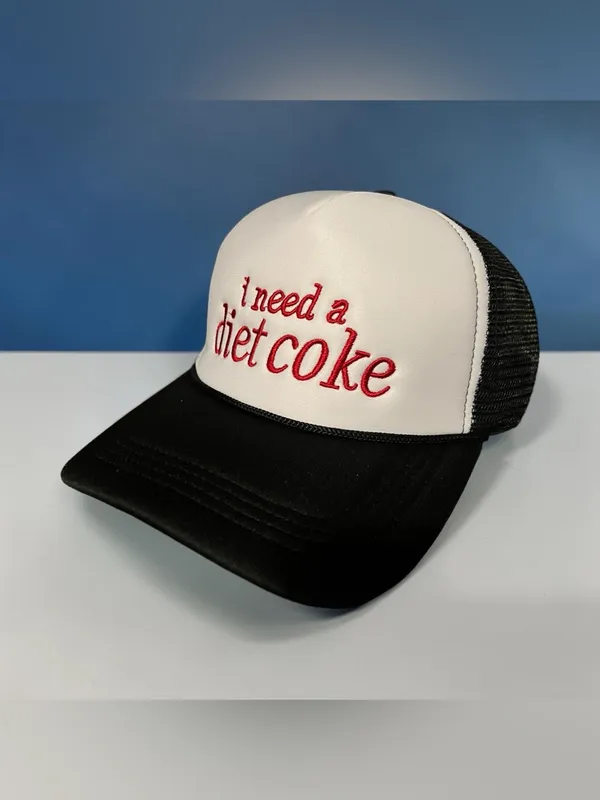 White & Black Trucker Hat with Red "i need a diet coke" Embroidery New - Image 4