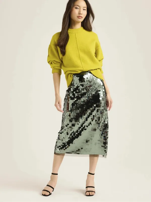 Scoop Olive Green Large Sequin Stretch Low Rise Midi Skirt Size Small NWT - Image 15