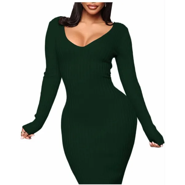 NEW Green Ribbed Sweater Bodycon V Neck Off Shoulder Midi Dress 1X - Image 4