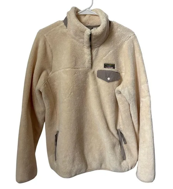 L.L.Bean Hi-Pile Fleece Pullover cream and gray size large - Image 2