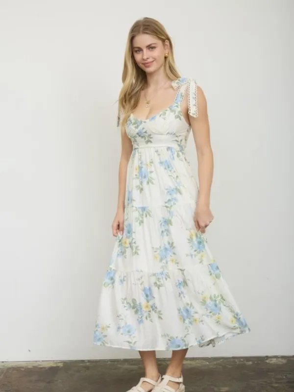White Blue Yellow Floral Tiered Midi Dress Lace Tie Straps Small - Image 2
