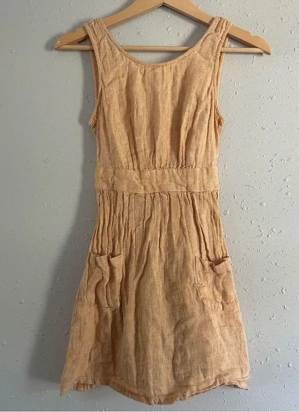 🦋Linen Blend Yellow Tan Sleeveless Mini Dress Casual Summer Neutral XS - Image 2