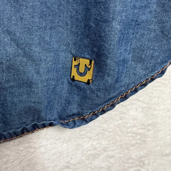 True Religion Large Denim Mini Shirt Dress Lace Up Blue Chambray Cotton Lyocell - Image 3