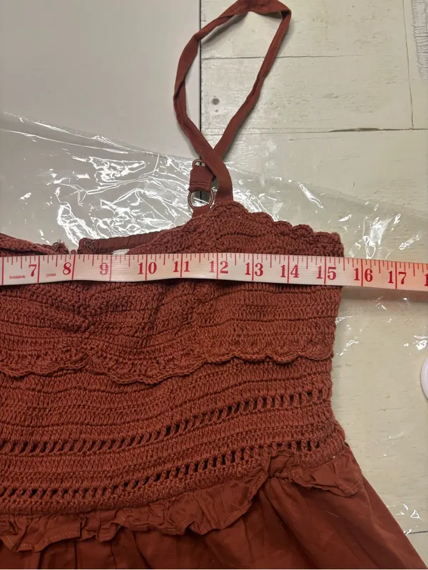 American Eagle Crochet Bodice Romper Rust Brown Size Small smocked Boho - Image 3