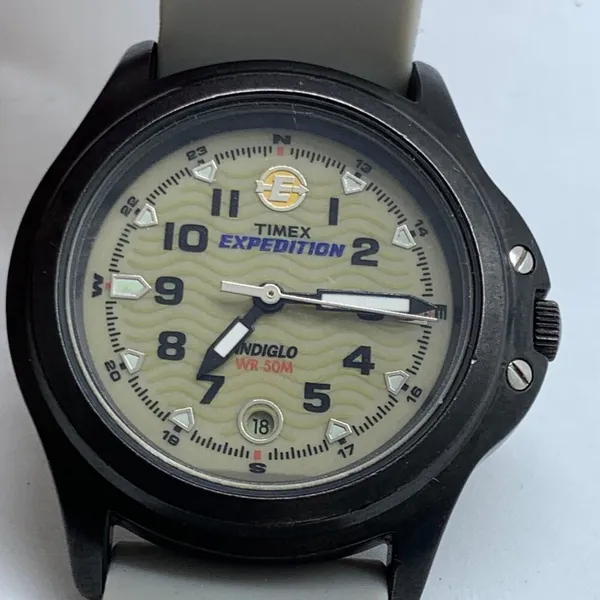 Timex expedition women’s date watch 32mm black tone case gray silicone band runs - Image 2