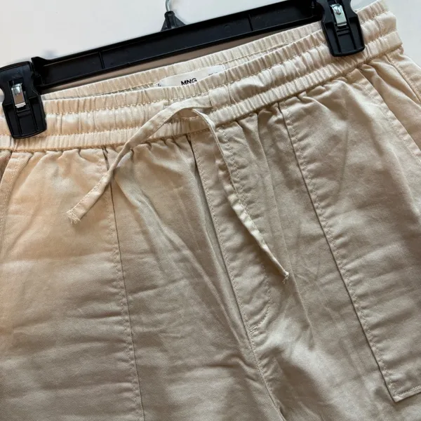MNG Mango Wide Leg Pants Women Size S Beige Cotton Drawstring Utility Trousers - Image 4
