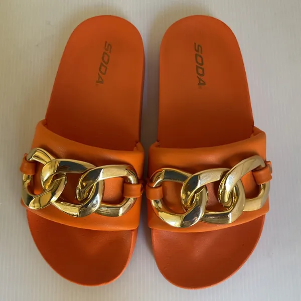SODA Orange Slide Sandals with Gold Chain Women’s Size 6 - Image 4