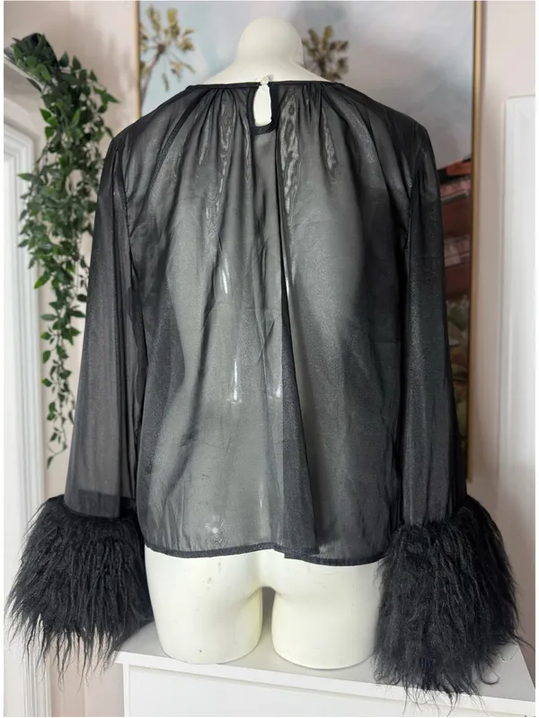 Shein Black Sheer Mesh Faux Fur Cuff Long Sleeve Blouse Keyhole Back Size XL 12 - Image 6