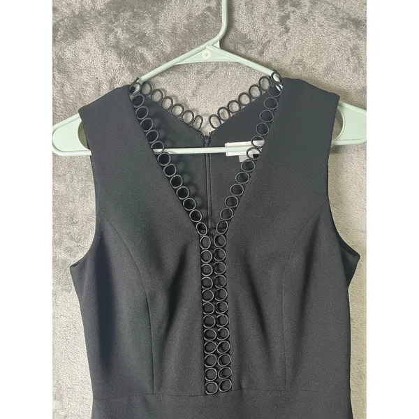 Calvin Klein Black Sheath‎ Dress Sleeveless Ring Trim V-Neck Career Cocktail 2 - Image 2