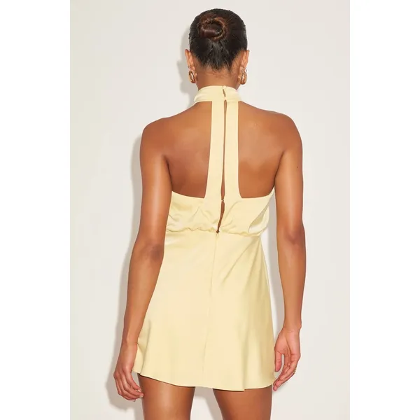 NWT Lulus Sleek Essence Light Yellow Satin Halter Sleeveless Mini Dress Party M - Image 3