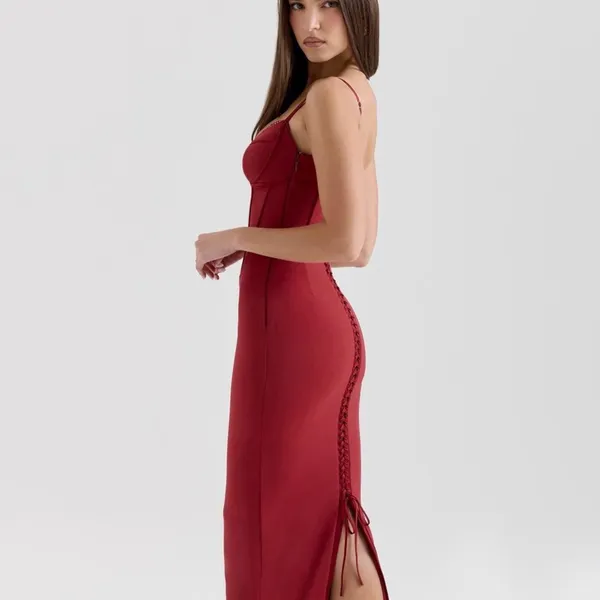 House of CB ‘Romy’ Red corset dress with lace-up back and side slit - Image 3