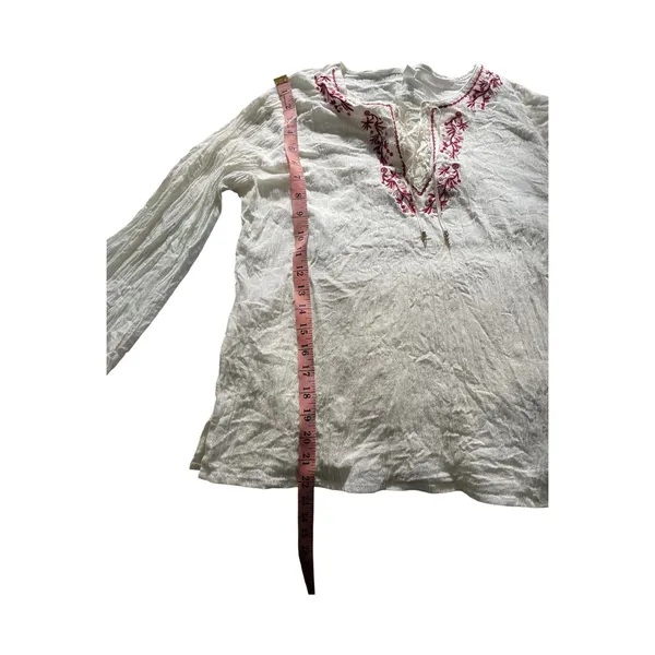 Vintage Ivory/Burgundy Embroidered Lace Up Peasant Crinkle Long Sleeve Top Boho - Image 9