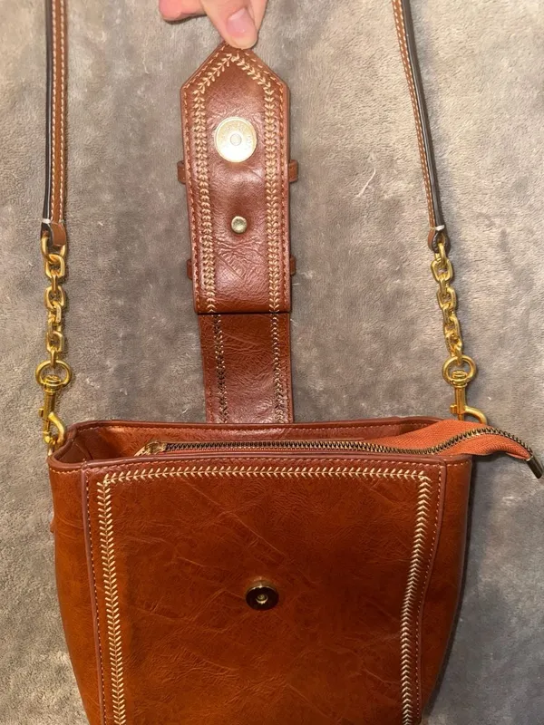 Vintage Style Brown Faux Leather Structured Crossbody Bag with Stitching Details - Image 7