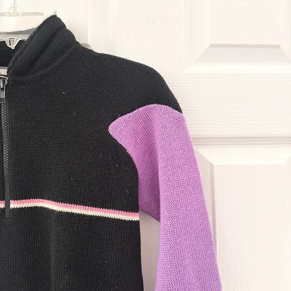 Obermeyer Sascha Vintage Wool Black Purple Stripe Quarter Zip Ski Sweater Large - Image 4