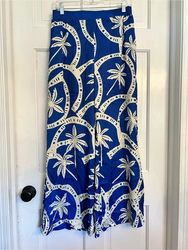 Royal Blue Palm-Print Wide-Leg Pants - Image 2