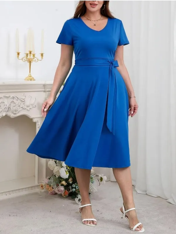 Women's Plus Size 3X Royal Blue Midi Dress with Waist Tie - Image 2