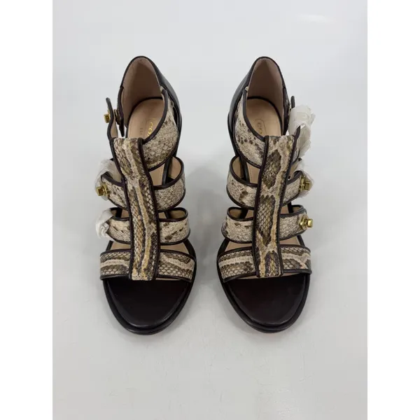Coach Tamarah Heels Sz 6.5 Brown Snakeskin Turnlock Leather NWOT Mob Wife Caged - Image 10