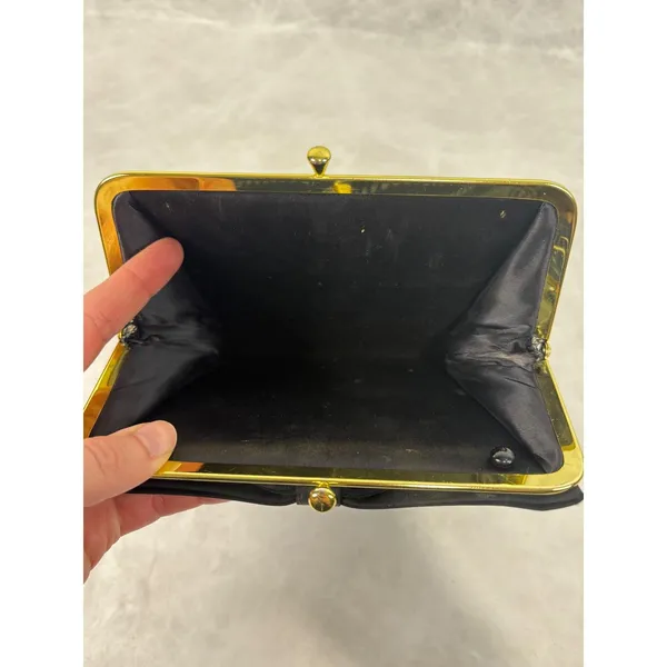 Vintage Black Fabric‎ Bow Clutch Bag Gold Tone Frame Kiss Lock Evening Purse - Image 6