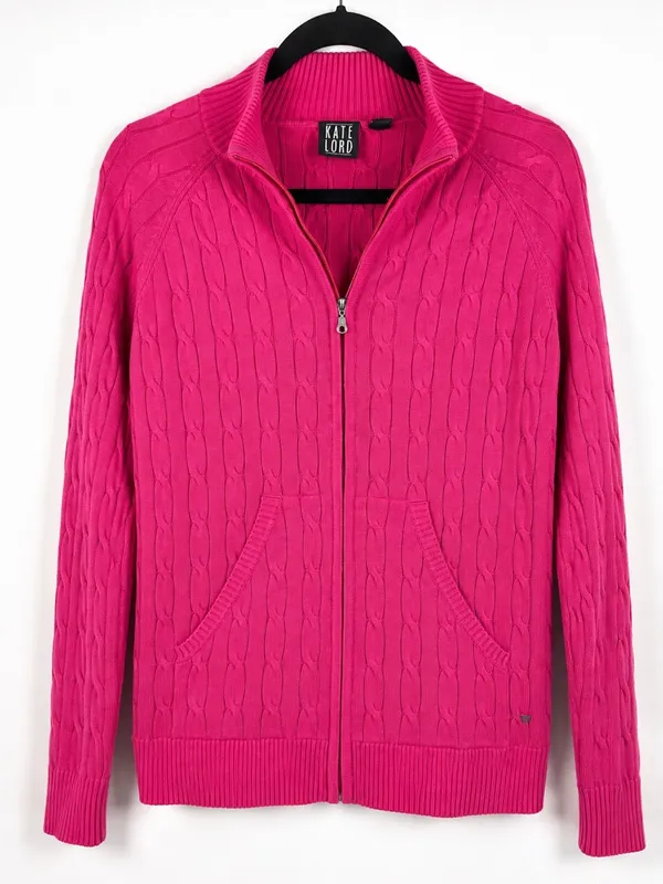 Kate Lord Womens Sweater L Pink Cable Knit Full Zip Golf Cardigan Pockets - Image 2