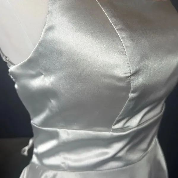 Women’s Silver Satin Short Prom Party Dress Spaghetti Straps Size 6 *READ - Image 11
