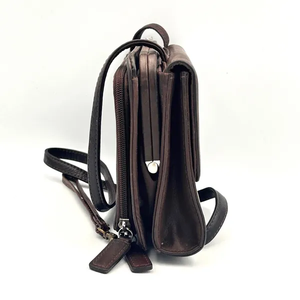 Vintage‎ Fossil Brown Leather Crossbody Organizer Wallet Bag Kiss Lock Y2K - Image 4