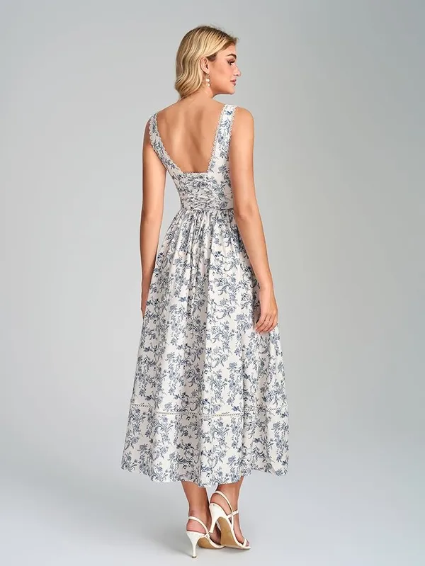 V Neck Floral Corset Midi Summer Wedding Guest Dress - Image 2