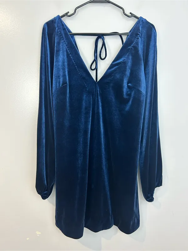 Free People Blue Velvet V-neck Long Balloon Sleeve Shift A-line Mini Dress Small - Image 3