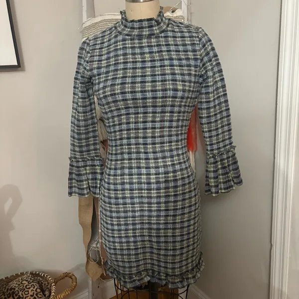 Free People Sage Autumn Chill Plaid Mini Dress Size Small - Image 8