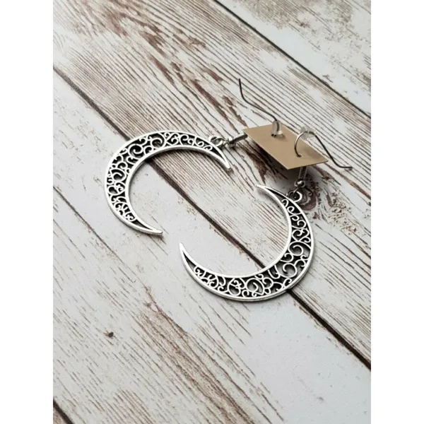 Large Ornate Silver Tone Moon Earrings - Brand New - Image 3