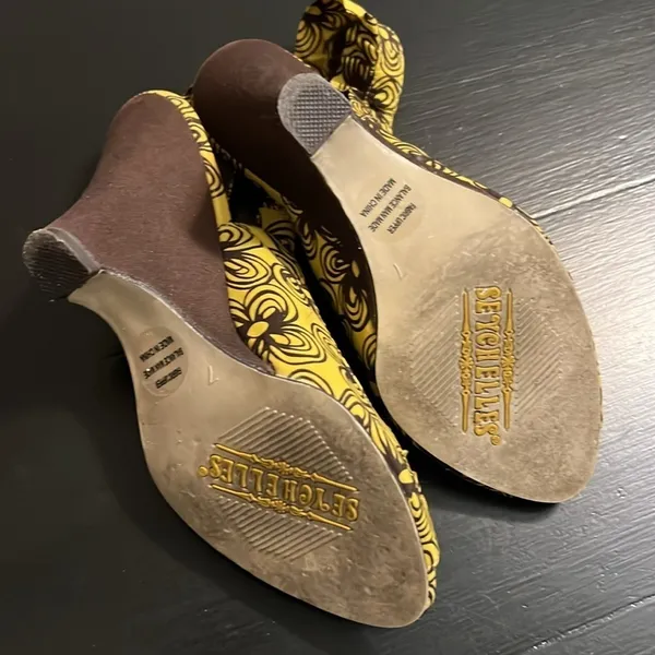 Seychelles Womens Yellow Brown Floral Swirl Peep Toe Slingback Wedge‎ Heels 7 - Image 3
