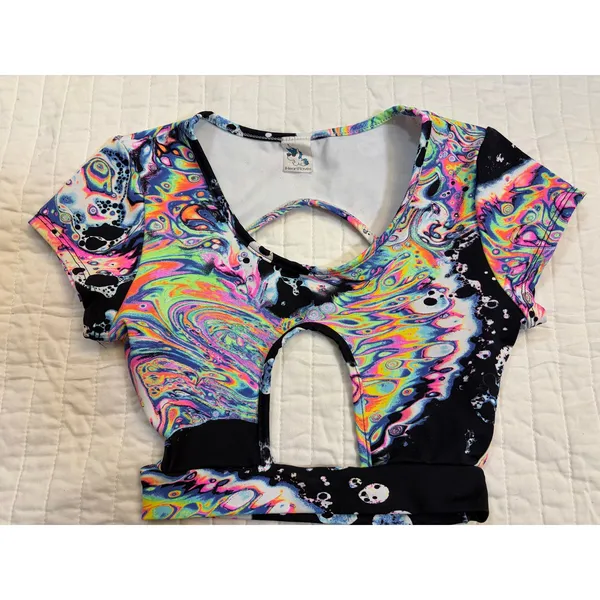 iHeartRaves Psychedelic Neon Keyhole Crop Top & High Waisted Bottoms Rave Set XS - Image 2