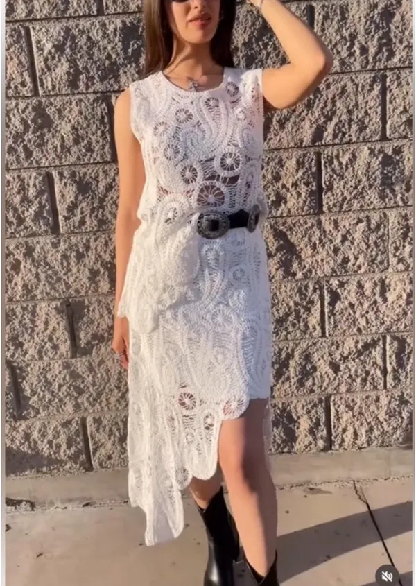 White Lace Two-Piece Skirt Set - Women's Summer Outfit size M - Image 3