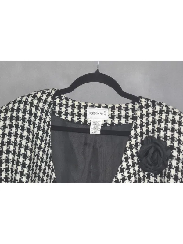 Fashion Bug Black White Houndstooth Tweed Collarless Blazer Rosette Pin 22/24 - Image 5