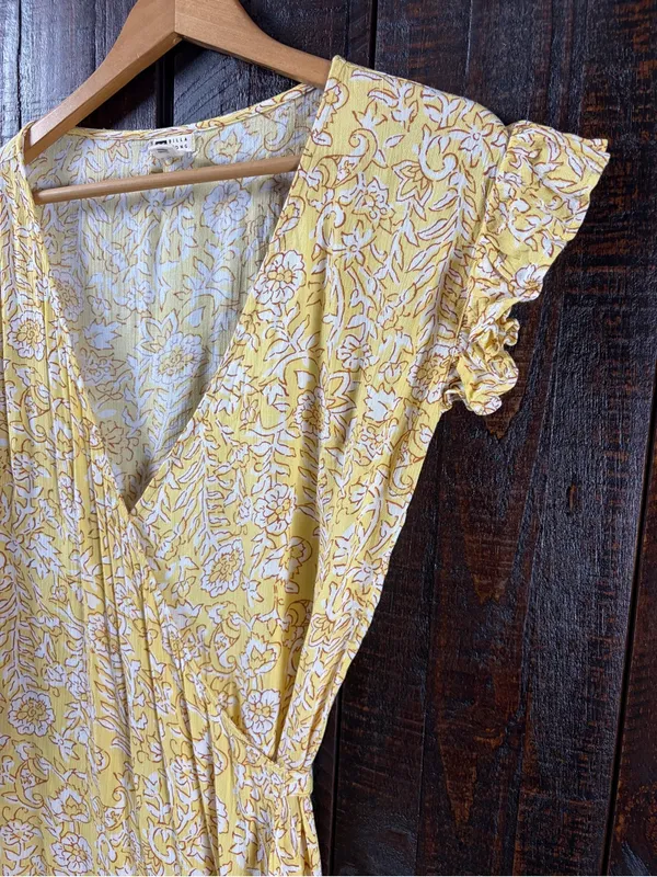 Billabong Yellow Floral Wrap Ruffle Dress Small - Image 5