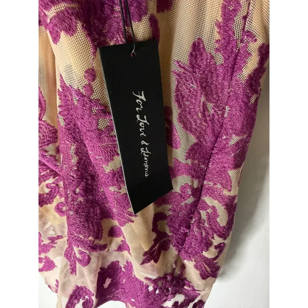 For Love & Lemons Purple Floral Lace Open Back Mini Dress Long Sleeve Tan Lining - Image 4