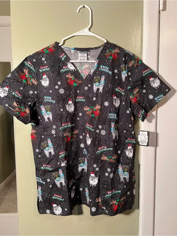Cherokee Women's Sz Large Merry Whatever Scrub Top Gray V-Neck Holiday Christmas - Image 5