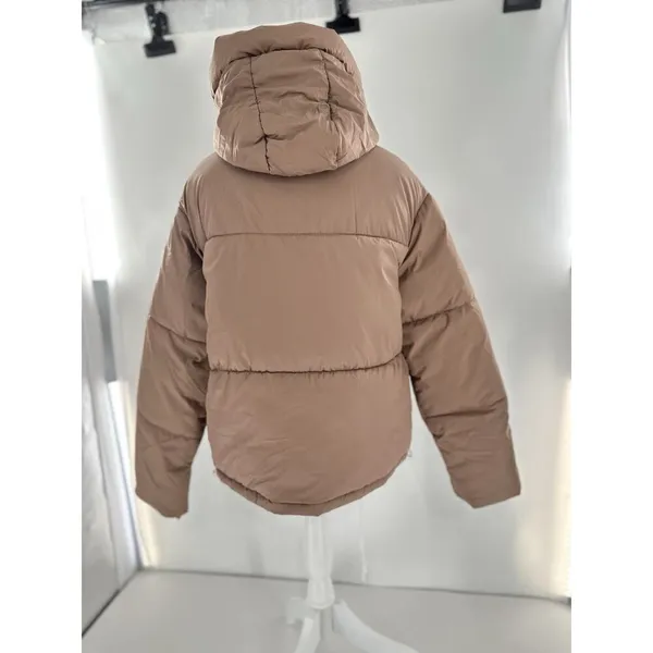 Shein Puffer Coat Jacket Sz L Brown Minimalist Trendy High Neck Normcore - Image 4