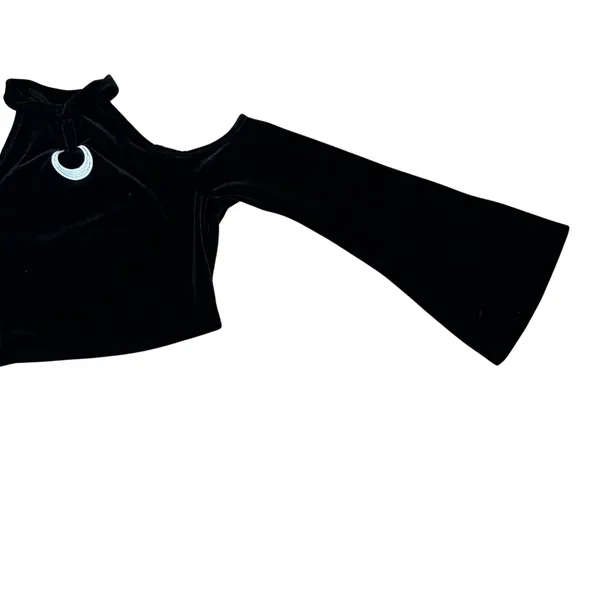 Romwe Black Velvet Crescent Moon Bell Sleeve Crop Top Goth Witchy Boho Medium - Image 4