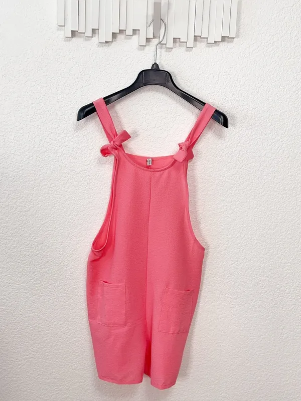 Miss Sparkling Coral Pink Tie Strap Pocket Overall Romper Shorts - Image 2