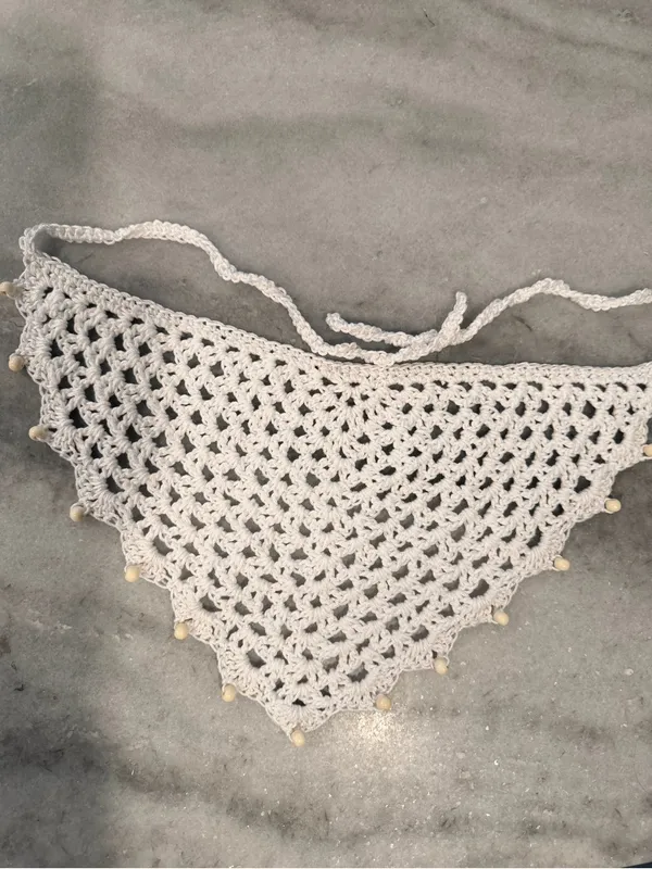 Handmade Crochet Wood Beaded Kerchief Head Scarf Cotton Boho Bandana Cottagecore - Image 2