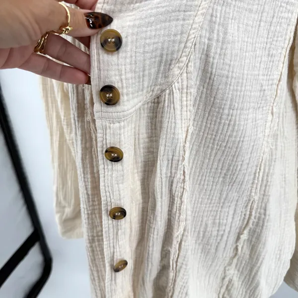 Free People All About The Feels M Gauze Cotton Button Up Top Ivory Boho Peasant‎ - Image 4