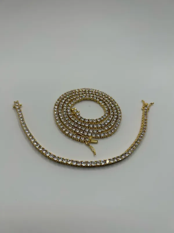 Moissanite Iced Out Tennis Chain and Bracelet Set Gold 3mm VVS1 22” and 7” - Image 2