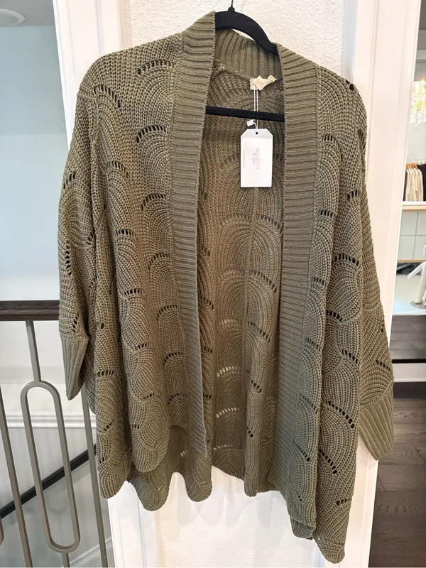 Hem & Thread Olive Green Open Knit Oversized Cardigan One Size NWT - Image 2