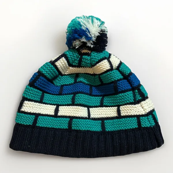 SMARTWOOL Merino Wool Knit Pom Pom Beanie Made in Canada Blue White Green - Image 2