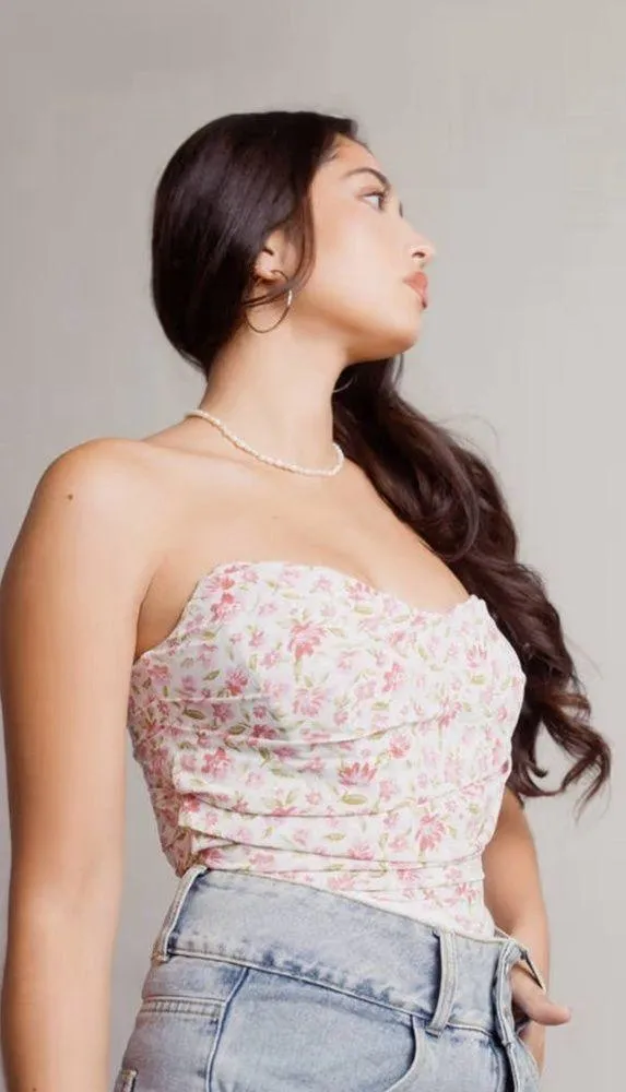 Pink Floral Ruched Corset Bustier Crop Top - Image 2
