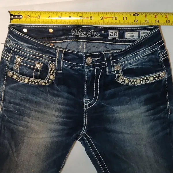Miss Me Y2K style pearl and rhinestone studded midrise bootcut jeans size 28 - Image 5
