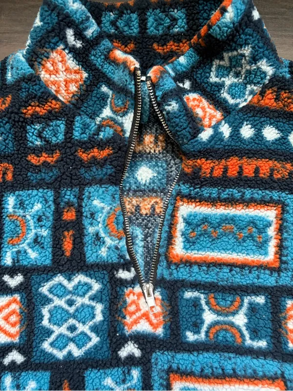 Women's western Teal and Orange Patterned Fleece Quarter-Zip Sweater size small - Image 2