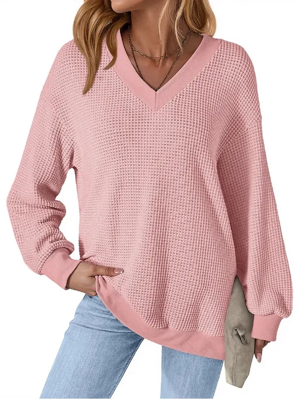 Boutique Waffle Knit Womens V-Neck Long Sleeve Pullover Casual Outfits Loose Top M - Image 2